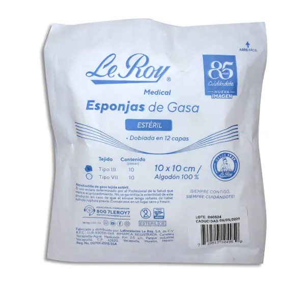 ESPONJAS DE GASA 10x10 12 CAPAS ESTERIL LEROY Pieza - c/10