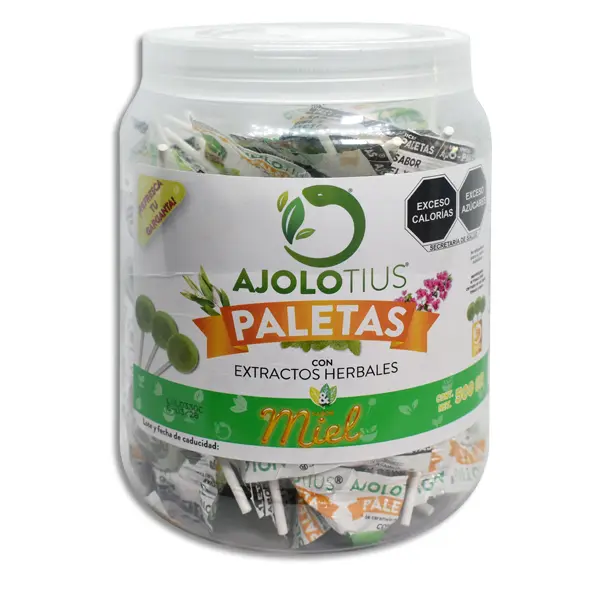[7500462746650] AJOLOTIUS PALETAS CON EXTRACTOS HERBALES Y MIEL Vitrolero - c/50