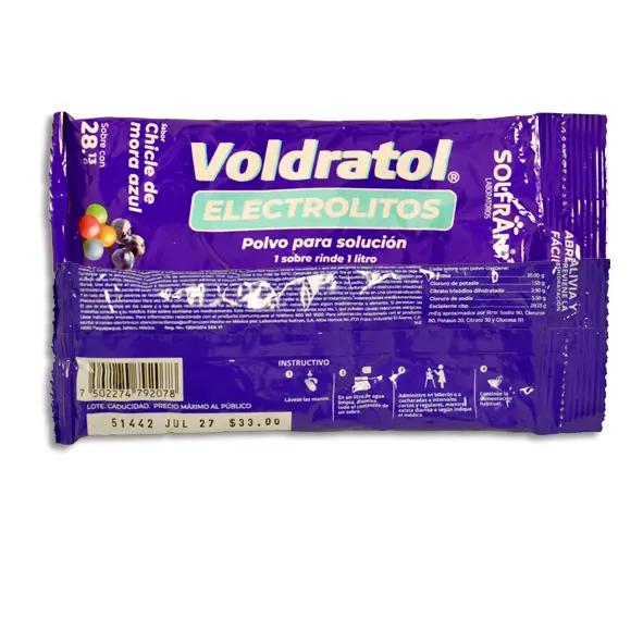 [7502274792078] VOLDRATOL CHICLE MORA AZUL ELECTROLITOS Polvo en Sobres - c/1