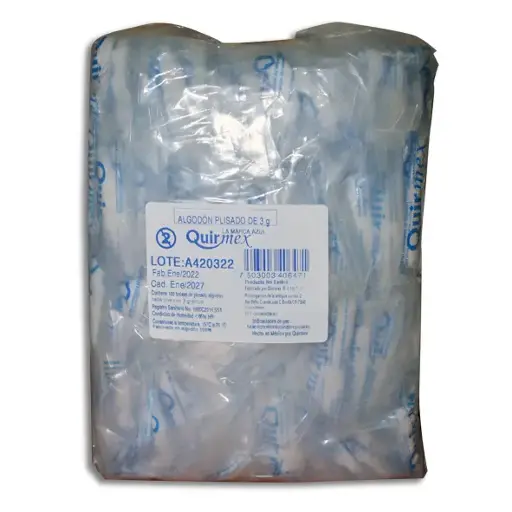 [7 503003406471] ALGODON ABSORBENTE SOBRE 3GR QUIRMEX Paquete - c/100